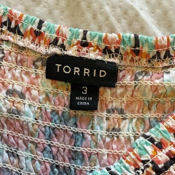 Torrid 3X Mosaic Print Smocked Bell Sleeve Mini Dress Off Shoulder Boho Rayon - Picture 7 of 8